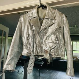 Vintage, Silver, leather like, motorcycle jacket, size small